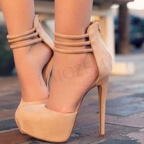 BERZIMER Women Platform Sandals Beige Back Zip Heels Handmade Zapatos Hombr Pumps Faux Suede Shoes Woman Large Size 45 49 50 52