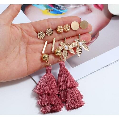 6 pair set geometric personality earrings for women with twist and leaf inlay faux pearl design female tassel pendant Kolczyki