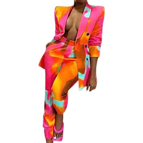 Lady Blazer Suit Cardigan Colorful Printed Leisure Right Angle Shoulder Tie Dye Pants Suit for Autumn Two Pieces Set