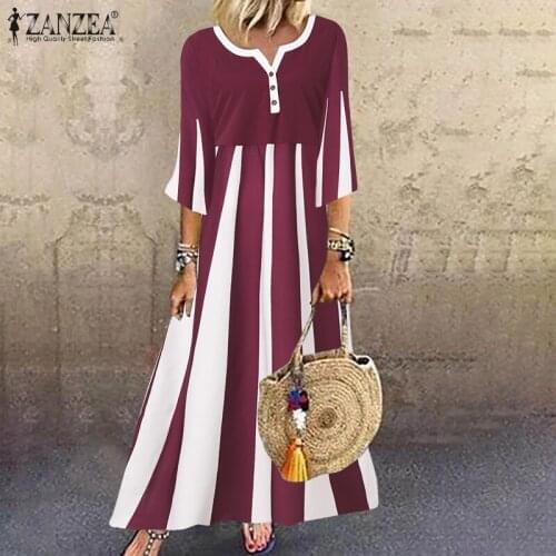 Women Bohemian Striped Maxi Long Dress 2021 ZANZEA Oversized Summer Sundress Autumn V Neck 3/4 Sleeve Vestidos Kaftan Robes