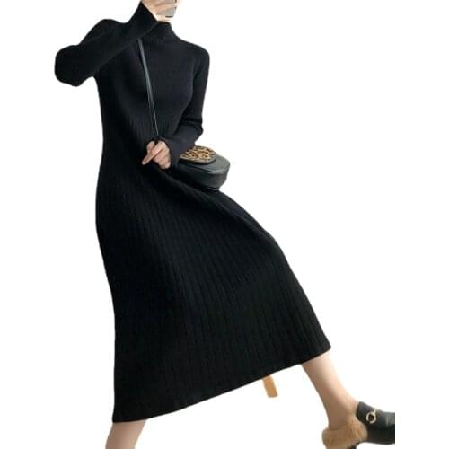 2021 New Cultivate Show Thin Knitted Dress Female Autumn/winter Turtleneck Long Sleeve Sweater Dress