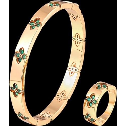 Zlxgirl Luxury brand Green red blue zircon copper Bangle Ring jewelry sets high Dubai Gold color bracelet & bangle sets couple