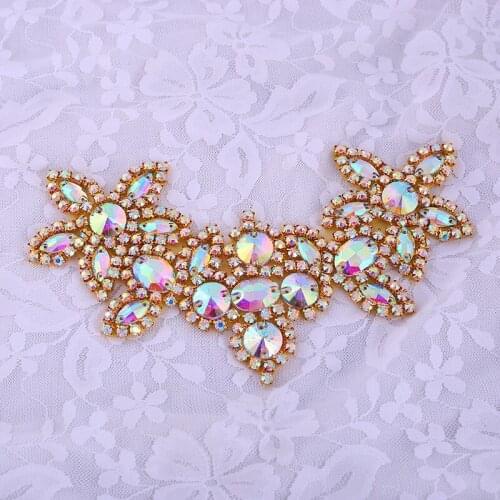 1 pcs Gold AB Neckline Rhinestone Applique Wedding Evening Dress Prom High Quality Sewing On Rhinestone Bridal Dress Applique
