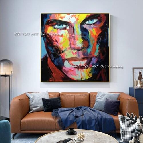 100% Handmade colorful canvas modern thick painting Palette knife men Face Oil painting wall picture for living room decor