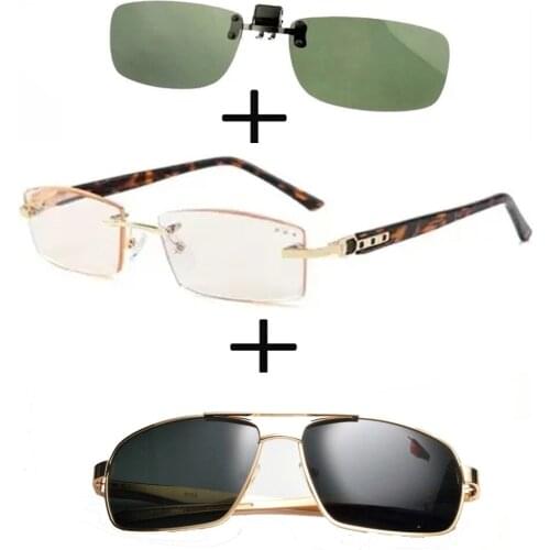 3Pcs!!! Titanium Gentleman Diamond Cut Reading Glasses Men Women + Polarized Sunglasses Pilot Luxury Alloy+ Sunglasses Clip