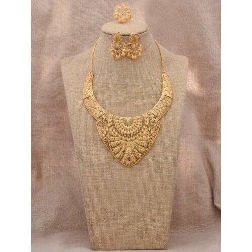 African jewelry sets Dubai Gold Color Wedding Bridal African Gold Color Necklace Earrings Rings Women Party Jewelry set Gift