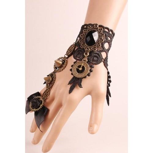 Fashion Women Girls Female Gothic Lolita Retro Steampunk Gear Lace Slave Bracelet Wristband with Ring Costumes Party Supplies