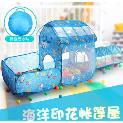 Childrens indoor crawling folding Marine print 2-in-1 game house tunnel tent throwing basketball pool baby toys
