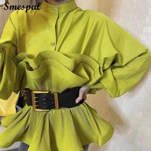 Design Tops Women Fashion Long Sleeve Shirts with Sash Chic Waist Ruffles Details