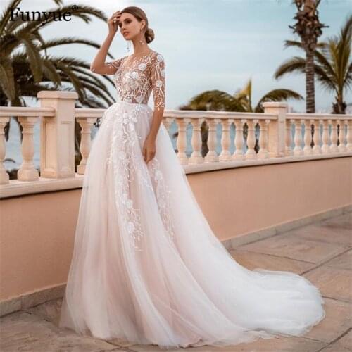 Elegant O-Neck Appliques Wedding Dress 2021 New Arrival Delicate Light Lace A-Line Bridal Gown Bohemian Vestido De Casamento