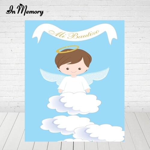InMemory God Bless Mi Bautizo Backdrops For Photo Studio Blue Angel Boys Baptism Newborn Baby Shower Photography Backgrounds