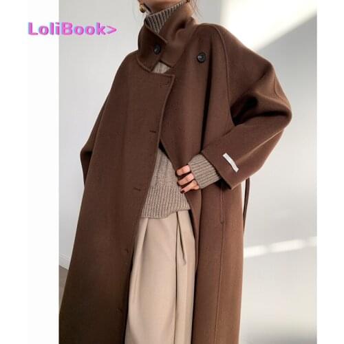 Lolibook Long Sleeve Casual Vintage Belt 2021 Fashion Long Autumn Faux Wool Blend Woolen Coat Winter Warm Women Warm Wool Coat