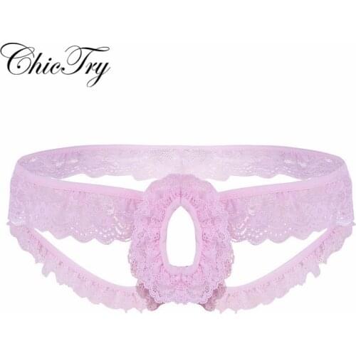 New Arrival Sexy Male Mens Lingerie Lacy Frilly Sissy Panties Crotchless Open Back G-string Underwear Panties with Open Hole