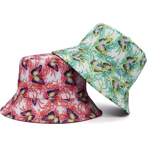 Reversible Bucket-Hats Butterfly Print Sunscreen Men Women Panama Hat Cotton Fashion Anti-sun Foldable Hip Hop Fisherman Cat