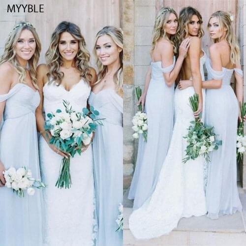 Dusty Blue Tulle Bohemian Bridesmaid Dresses 2020 Off The Shoulder Western Country Summer Maid Of Honor Dresses For Wedding