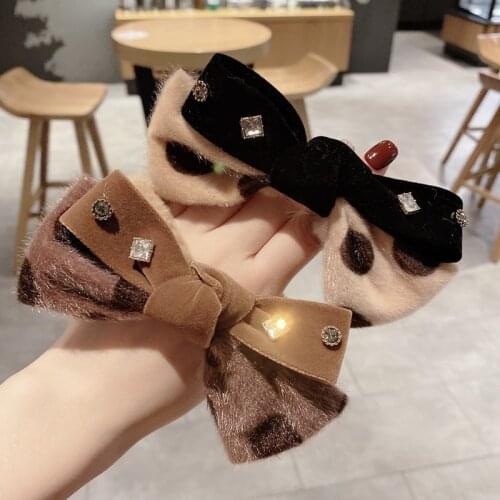 Womens new Autumn winter fashion hair accessories Diamond-studded bow fur rabbit hair rope Casual luxurious elastic hair tie