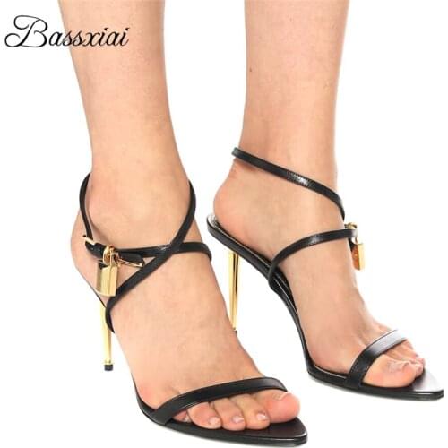 Metal Locked Decor One Belt Strappy Sandals Women Genuine Leather Thin High Heels Point Toe Summer Sandalias Mujer