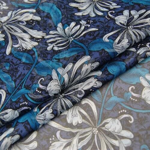 Silk Georgette Chiffon Fabric Dress Large Wide Navy Blue Dark Pattern White Flower Thin Skirt DIY Patchwork Tissue