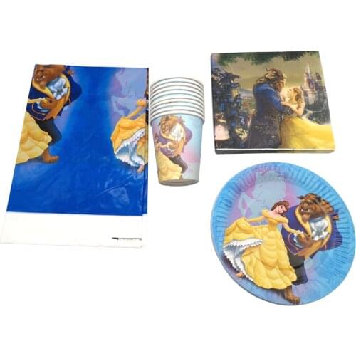 Girls Favors Tablecloth Beauty and Beast Napkins Baby Shower Decoration Happy Birthday Party Cups Plates Tableware Set 61pcs/lot