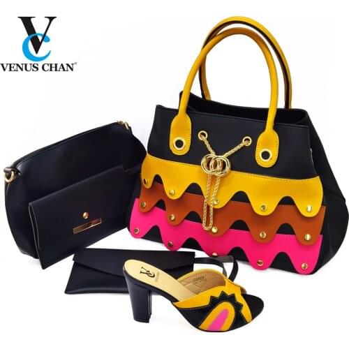 Comfortable Black Color Elegant Style African Ladies Sheos Matchig Bag Comfortable Heels with Appliques for Garden Party