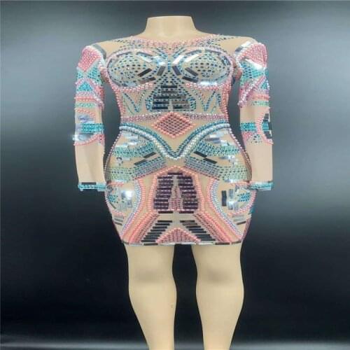 V77 Singer perform wears mesh rhinestones evening dress pole dance pink green diamonds outfit perspective silver mirror skirt ds