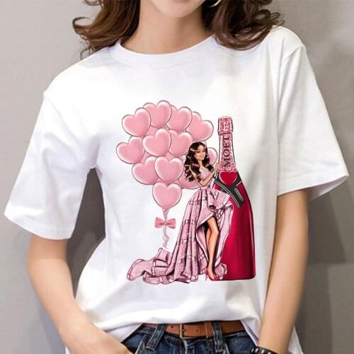 2021 Summer Women T-shirt Fashion Beauty Champagne Pattern Printing Tshirt Harajuku Leisure Short Sleeve Female Tops Tshirt