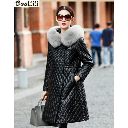 Boollili Genuine Leather Jacket Winter Coat Women Real Sheepskin Coat Female Fox Fur Hooded Cotton Padded Outerwear Parka