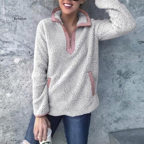 Womens Sweatshirt Spring Artificial Wool Hoodies Coats Warm Pullover Ladies Casual Winter Pullover Zipper Lamb Top