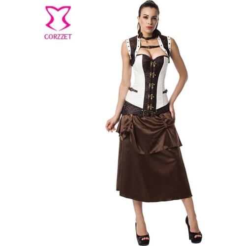 Brown & White 6XL Plus Size Women Vintage Gothic Clothing Corsets And Bustiers Steampunk Corset Dress Sexy Burlesque Costumes