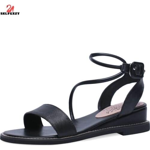SKLFGXZY Black White Summer Europe Women Sandals Fashion Genuine Leather Womens Shoes Cowhide Wedge Sandals