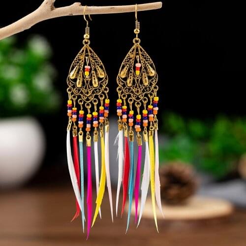 Boho Summer Red Long Feather Earrings for Women Vintage Silver Color Flower Beads Tassel Earings Fashion Jewelry Oorbellen