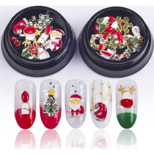 10 Designs/Box Christmas Xmas Tree Snowman Nail Art Decorations Alloy Metal DIY 3D Nail Rhinestones Accessories Jewelry Tools