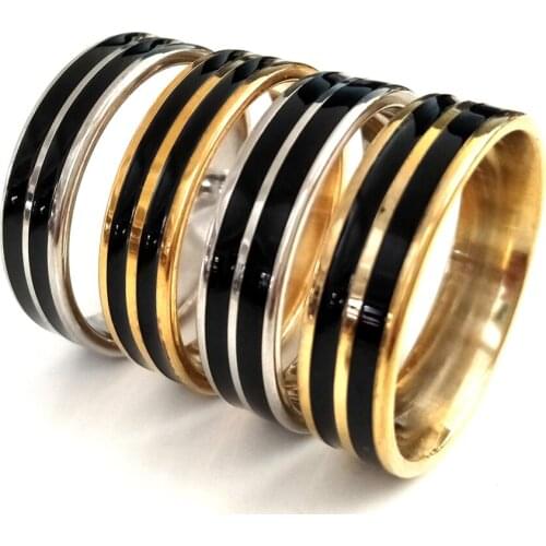 50pcs Gold Silver Wide 6MM Two Stripe Black Enamel Comfortable Stainless Steel Band Rings Quality Trendy Jewelry for Men & Women