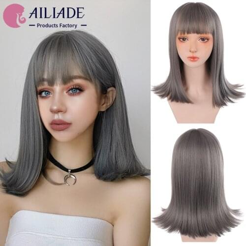 AILIADE Synthetic Short Straight Wigs Gray and Blue With Bangs Cosplay Wigs For Women Party Lolita Daily False Hair