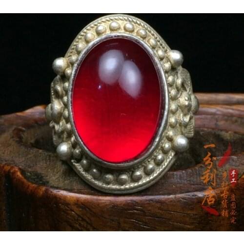 Antique collection silver inlaid Ruby egg face ring