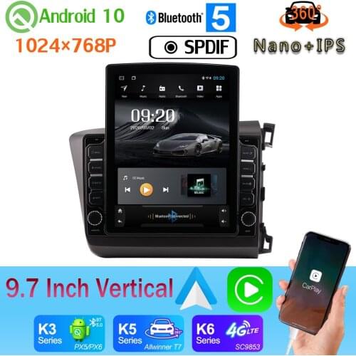 9.7" Vertical Style Car Media Player GPS For Honda Civic RHD LHD 2012-2016 Android 10 360 Camera PX6 4+64G Radio Head Unit SPDIF