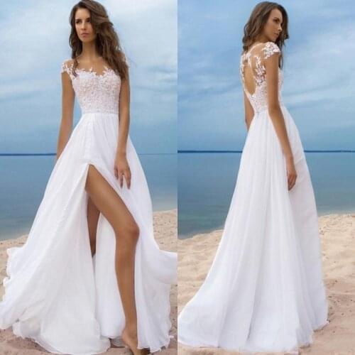 Bohemian Wedding Dress 2021 A-Line Side Slit Cap Sleeve Lace Appliques Backless Sweep Train Bride Gown Beach Vestidos De Noiva