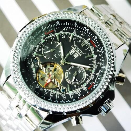 Jaragar Military Sport Automatic Self-Wind Mechanical Watches For Mens Silver Black Steel Band Calendar Analog Clock Relogios