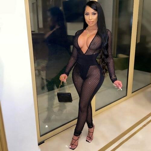 Black Mesh Sexy Jumpsuit Women Clubwear 2020 Overalls Long Sleeve Sheer Glitter Party One Piece Jumpsuit Bodycon Romper Jumpsuit