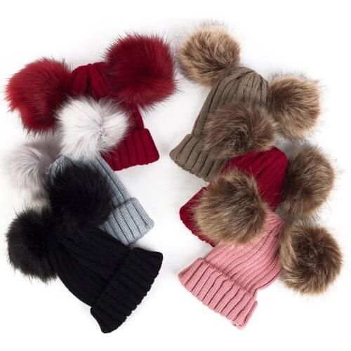 2020 Autumn Winter Pompom Children´s Hat Double Wool Ball Hat Cute Boy Girl Soft Cap Kids Knit Caps 14 Colors