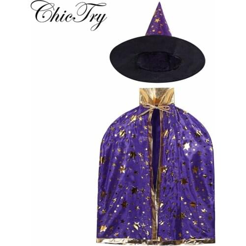 Kids Children Halloween Carnival Costumes Outfit Witch Wizard Cloak Cape with Pointed Hat Outfit Set for Cosplay Party Dress Up