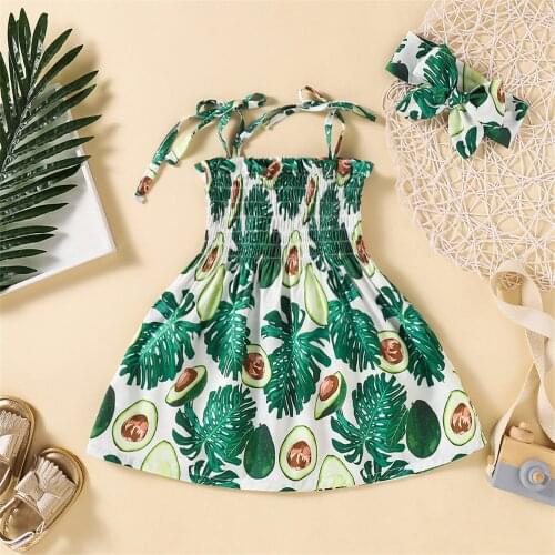 Kids Children Girls Summer Avocado Fruit Print Sleeveless Party Princess Dress+headbands Baby Girl Clothes Dress Vestidos