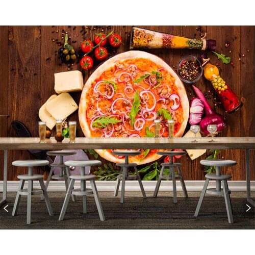 Custom Fast food Pizza Tomatoes Cheese Spices Onion Wood Food photo wallpaper living room bedroom backdrop papel de parede