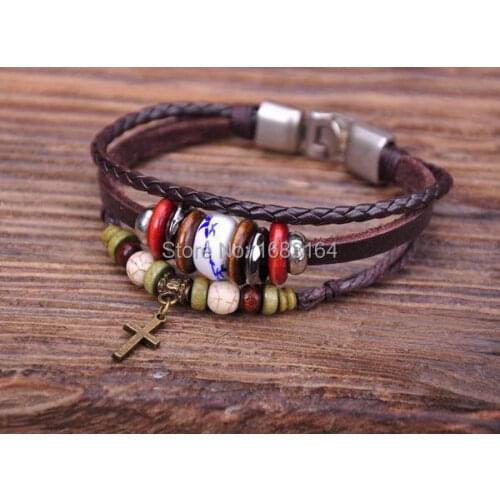 G58 Silver New Beach Leather Wood & Stone Beads Cross Bangle Bracelet Cuff Mens