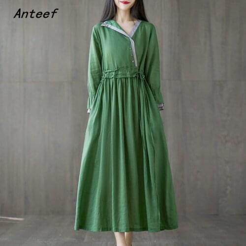 Anteef long sleeve cotton linen vintage dresses for women casual loose spring autumn dress elegant clothing 2021