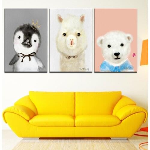 Canvas HD Prints Watercolor animal Paintings Penguin Alpaca Polar bear Posters 3 Pieces Wall Art Living Room Pictures Home Decor
