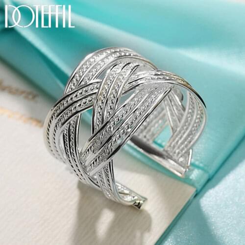 DOTEFFIL 925 Sterling Silver Big Net Weaving Ring Retro For Women Fashion Wedding Engagement Party Gift Charm Jewelry