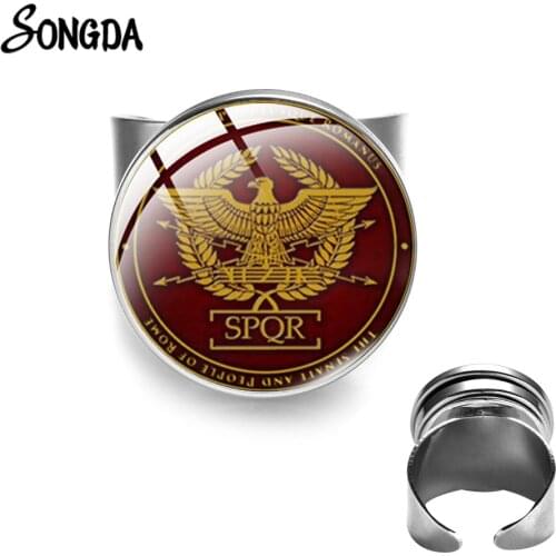 Classic SPQR Roman Empire Signet Ring Senate and People of Rome Retro Art Printed Glass Cabochon Gem Opening Rings for Men Women