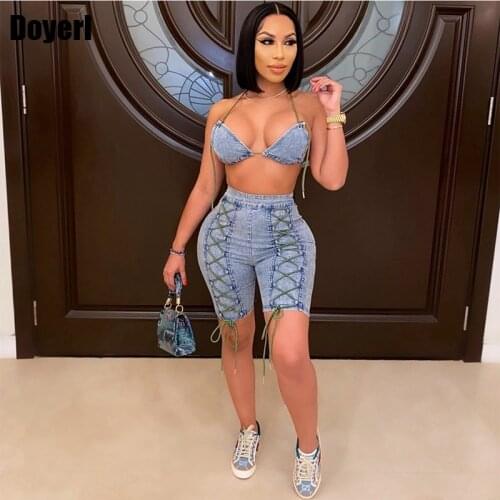 Denim Sexy Two Piece Sets Club Outfits for Women Festival Clothing Summer Co Ord Lace Up Jeans Shorts Set 2 Piece Matching Sets