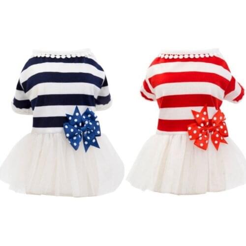 Lace Striped Gauze Dress 2pcs For York Dog Bow Suit Small Dogs Clothing Luxury Summer Dresses For Cats Supplies